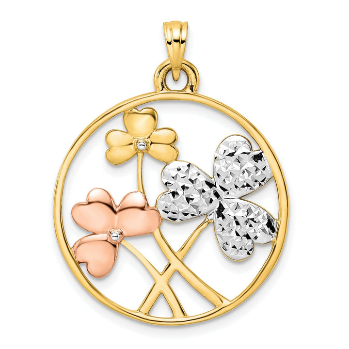 Lovely Rita's Pendants & Charms 14k Yellow White and Rose Gold Solid Flat Back Polished Diamond Cut Finish Clovers Circle Shape Design Charm Pendant