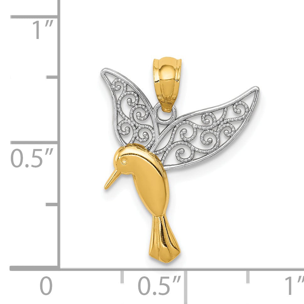 Lovely Rita's Pendants & Charms 14k Yellow, White Gold Flying Hummingbird with Filigree Design Wings Pendant