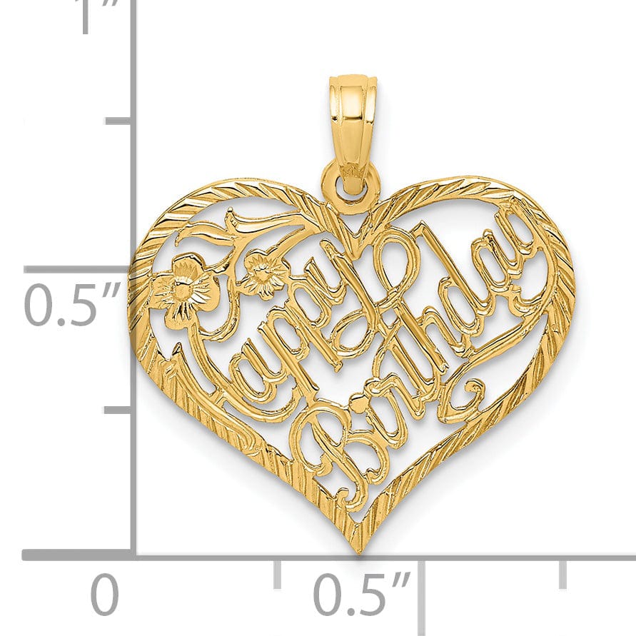 Lovely Rita's Pendants & Charms 14k Yellw Gold Polished Textured Finish Solid HAPPY BIRTHDAY Script in Heart Shape Flower Design Charm Pendant