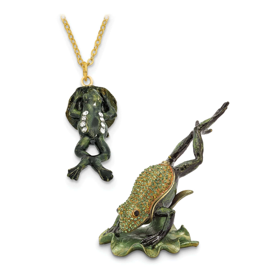 Luxury Giftware by Jere Pendants & Charms Bejewel Green Color Enamel Finish CLEM HOPPER Diving Frog Trinket Box