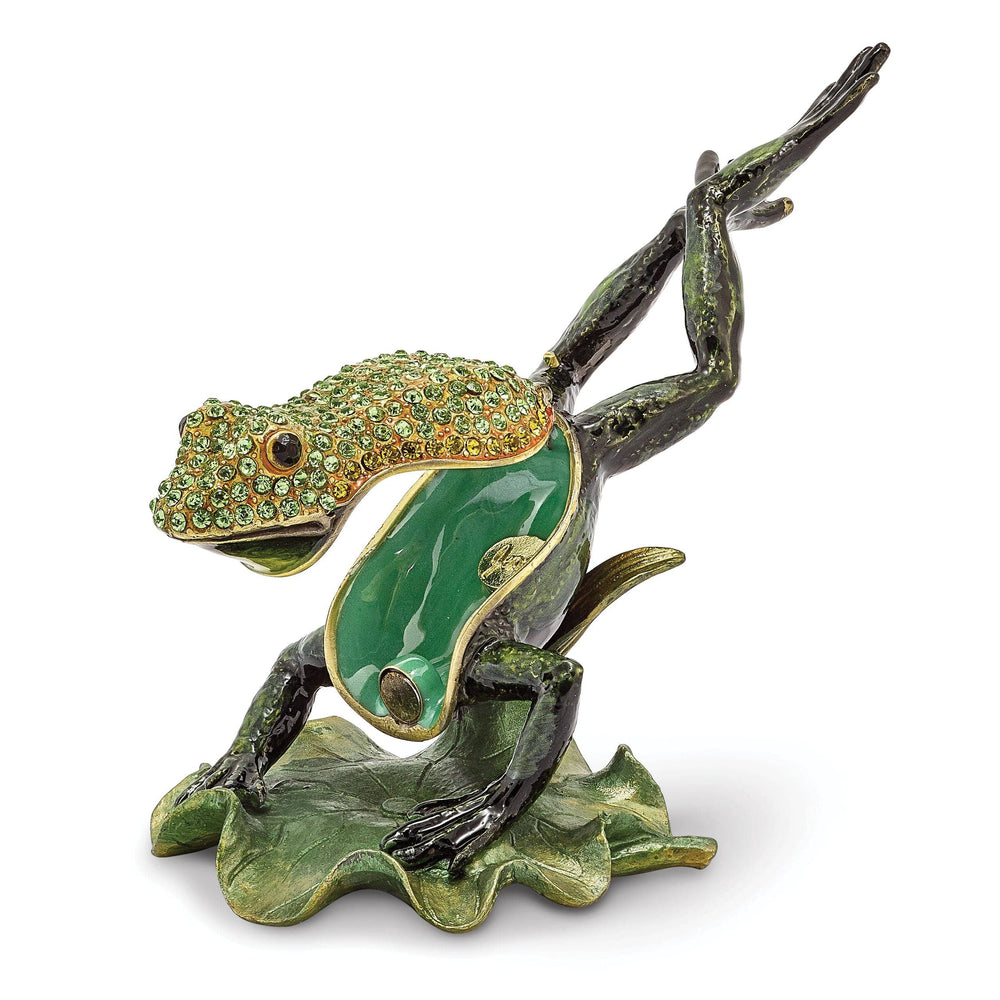 Luxury Giftware by Jere Pendants & Charms Bejewel Green Color Enamel Finish CLEM HOPPER Diving Frog Trinket Box