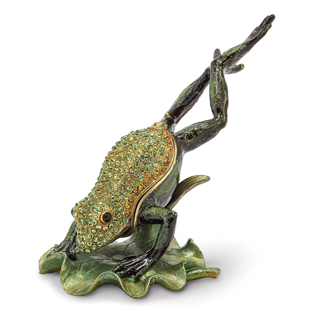 Luxury Giftware by Jere Pendants & Charms Bejewel Green Color Enamel Finish CLEM HOPPER Diving Frog Trinket Box