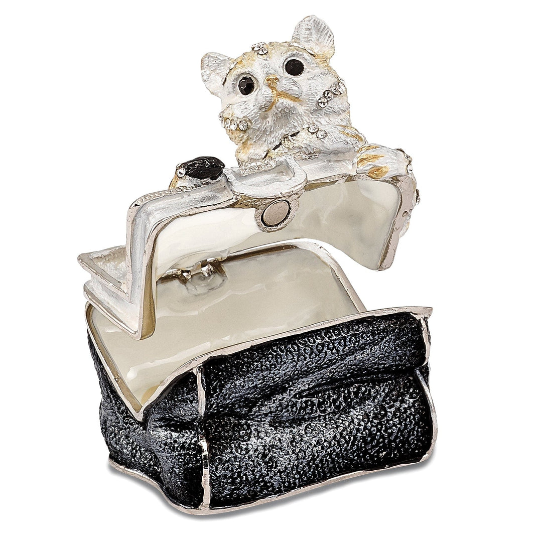 Luxury Giftware by Jere Pendants & Charms Bejewel Pewter Multi Color Enamel MISS KITTY Cat in Purse Trinket Box