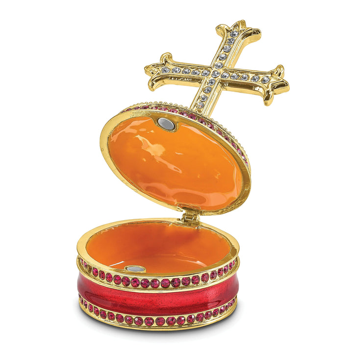 Lovely Rita's Pendants & Charms Bejewel Pewter Multi Color Finish REVERENCE Cross on Round Trinket Box