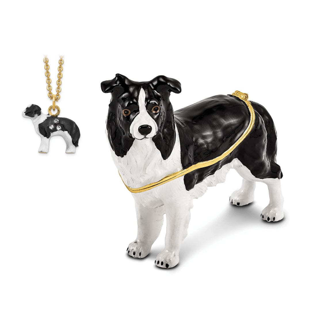 Luxury Giftware by Jere Pendants & Charms Bejeweled Gold Tone Black White Color BRUNO Border Collie Trinket Box