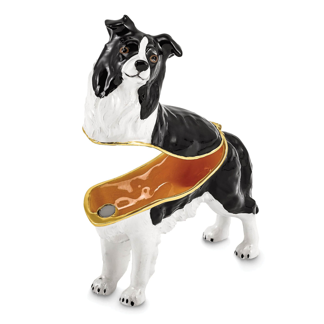 Luxury Giftware by Jere Pendants & Charms Bejeweled Gold Tone Black White Color BRUNO Border Collie Trinket Box