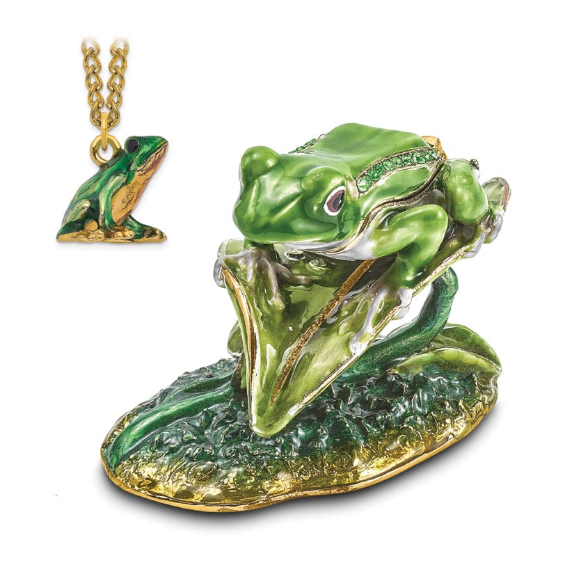 Luxury Giftware by Jere Pendants & Charms Bejeweled Green Silver Color Finish LILLY Frog on Lily Pad Trinket Box