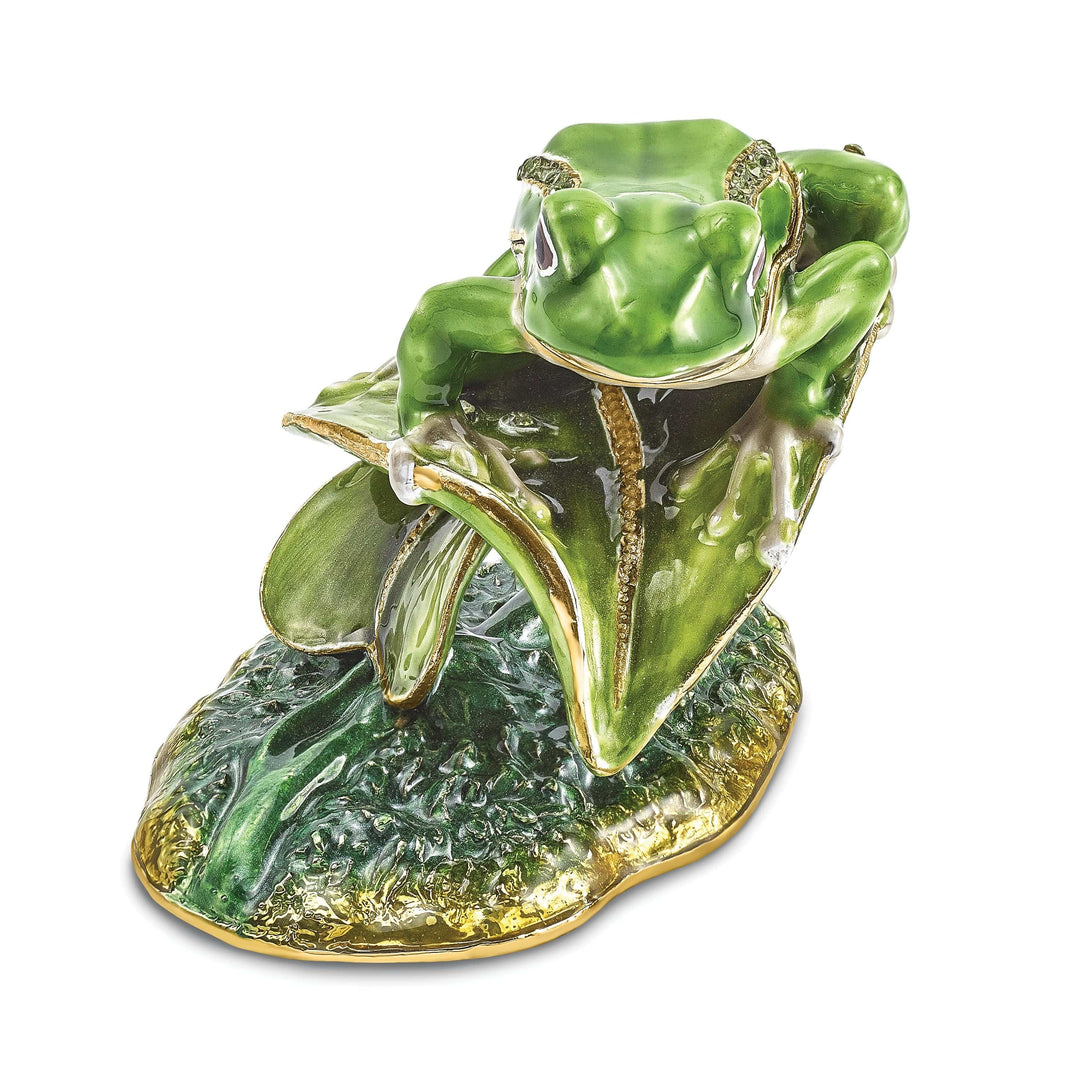 Luxury Giftware by Jere Pendants & Charms Bejeweled Green Silver Color Finish LILLY Frog on Lily Pad Trinket Box