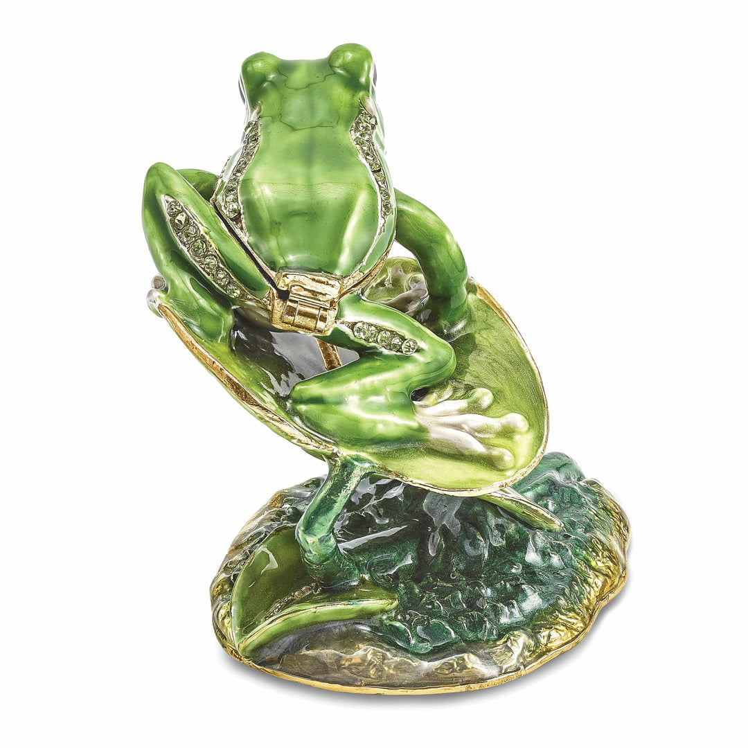Luxury Giftware by Jere Pendants & Charms Bejeweled Green Silver Color Finish LILLY Frog on Lily Pad Trinket Box