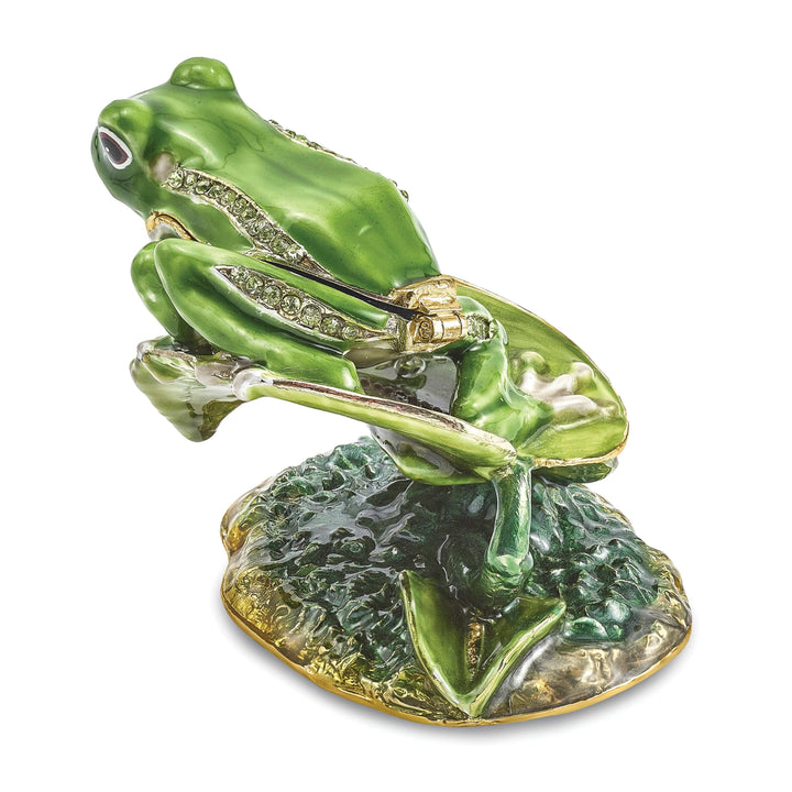 Luxury Giftware by Jere Pendants & Charms Bejeweled Green Silver Color Finish LILLY Frog on Lily Pad Trinket Box