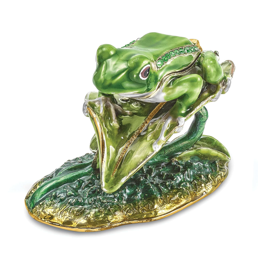 Luxury Giftware by Jere Pendants & Charms Bejeweled Green Silver Color Finish LILLY Frog on Lily Pad Trinket Box