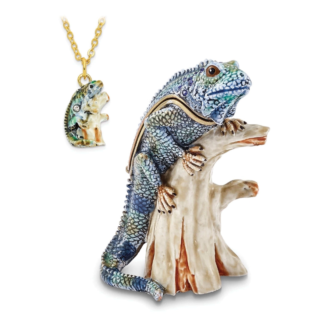 Luxury Giftware by Jere Pendants & Charms Bejeweled Multi Blue Colors CAYMAN Blue Iguana on Branch Trinket Box