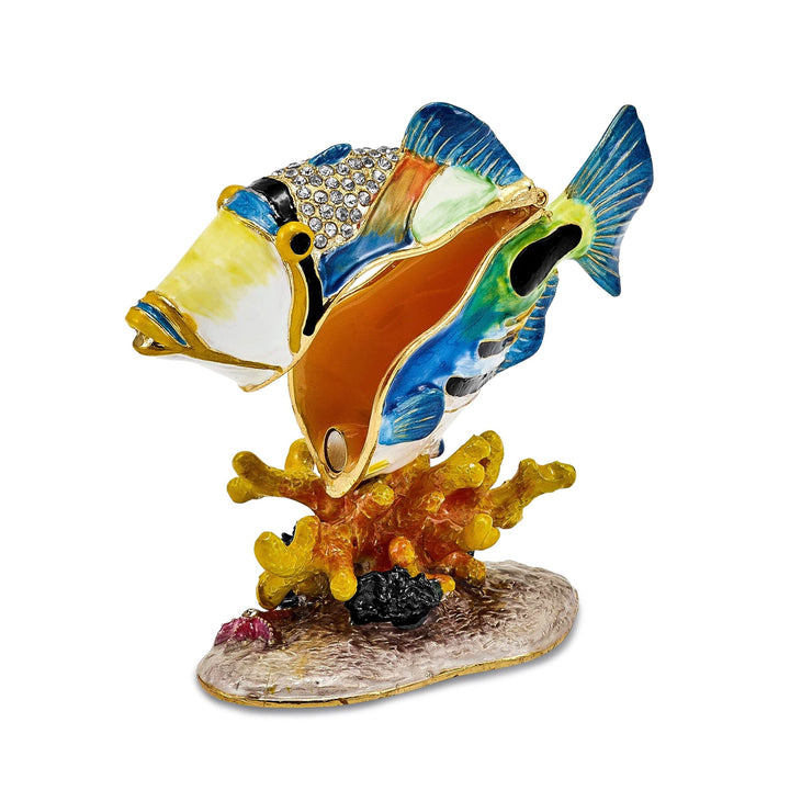 Luxury Giftware by Jere Pendants & Charms Bejeweled Multi Color Enamel Finish TRIGGER Humu Humu Fish Trinket Box