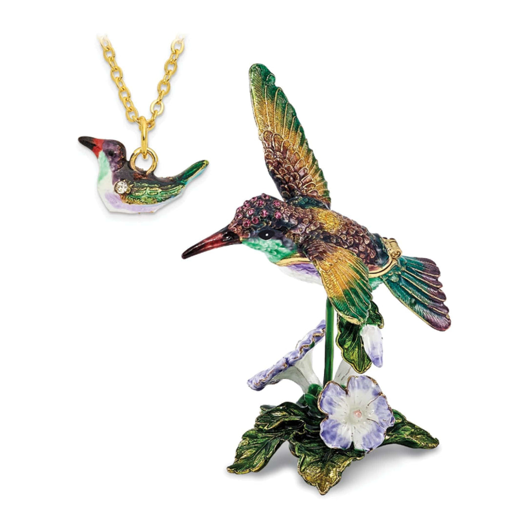 Luxury Giftware by Jere Pendants & Charms Bejeweled Pewter HUEY Hummingbird & Petunia Trinket Box Design