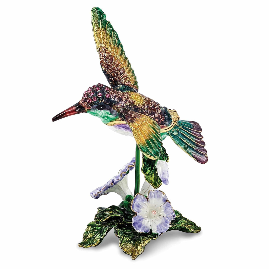 Luxury Giftware by Jere Pendants & Charms Bejeweled Pewter HUEY Hummingbird & Petunia Trinket Box Design