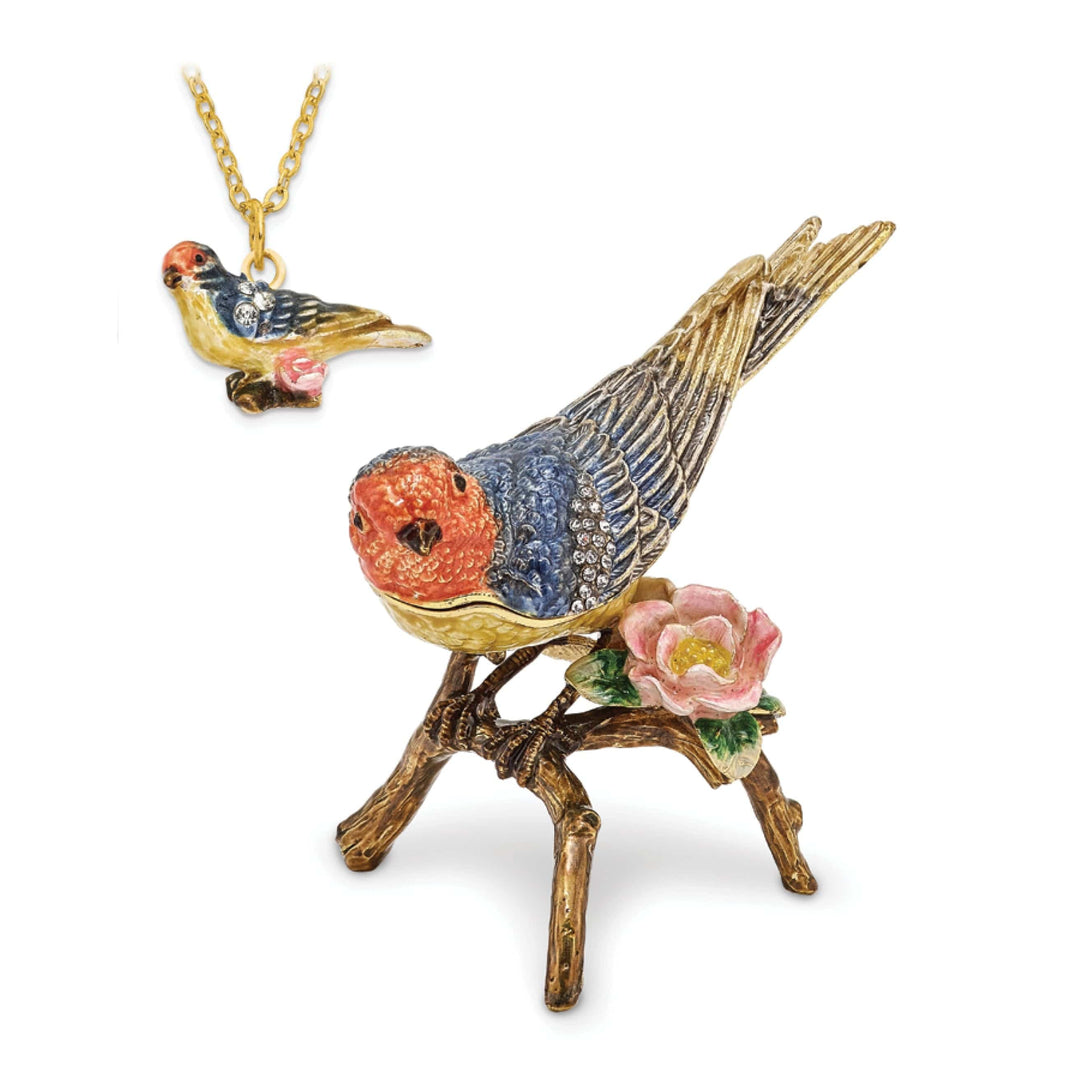 Luxury Giftware by Jere Pendants & Charms Bejeweled Pewter Lady Bluebird Perch on a branch Trinket Box Design