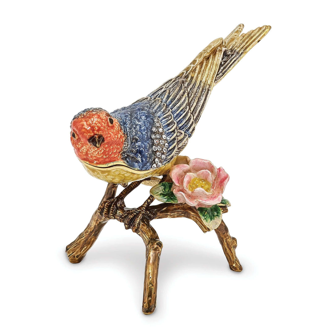 Luxury Giftware by Jere Pendants & Charms Bejeweled Pewter Lady Bluebird Perch on a branch Trinket Box Design