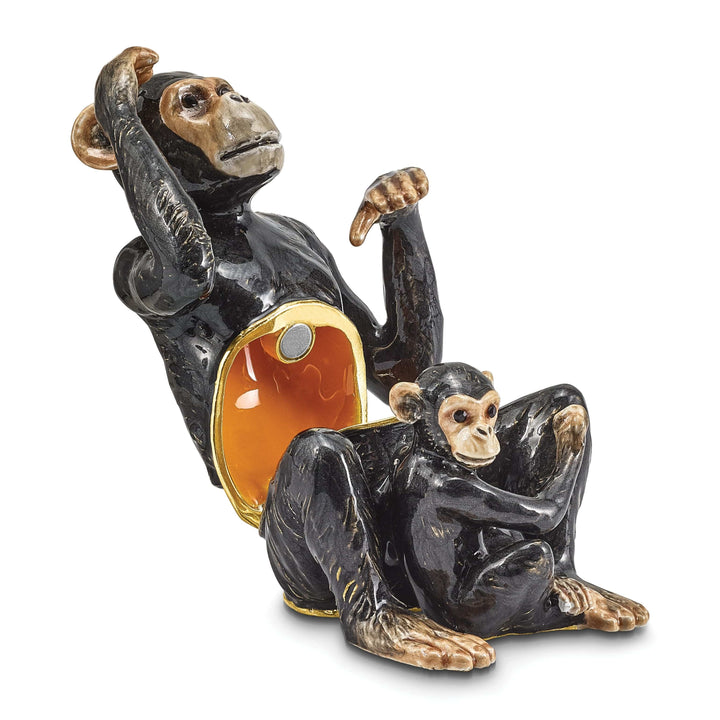 Luxury Giftware by Jere Pendants & Charms Bejeweled Pewter Multi Color Enamel Chimpanzee and Baby Trinket Box