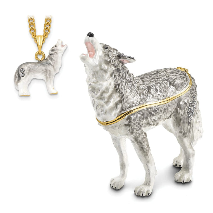 Luxury Giftware by Jere Pendants & Charms Bejeweled Pewter Multi Color Enamel Finish Howling Wolf Trinket Box