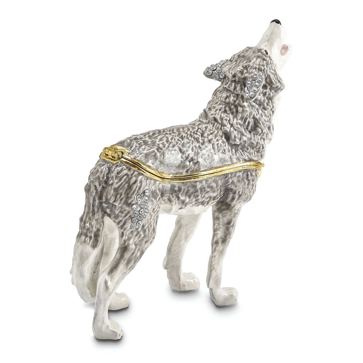 Luxury Giftware by Jere Pendants & Charms Bejeweled Pewter Multi Color Enamel Finish Howling Wolf Trinket Box