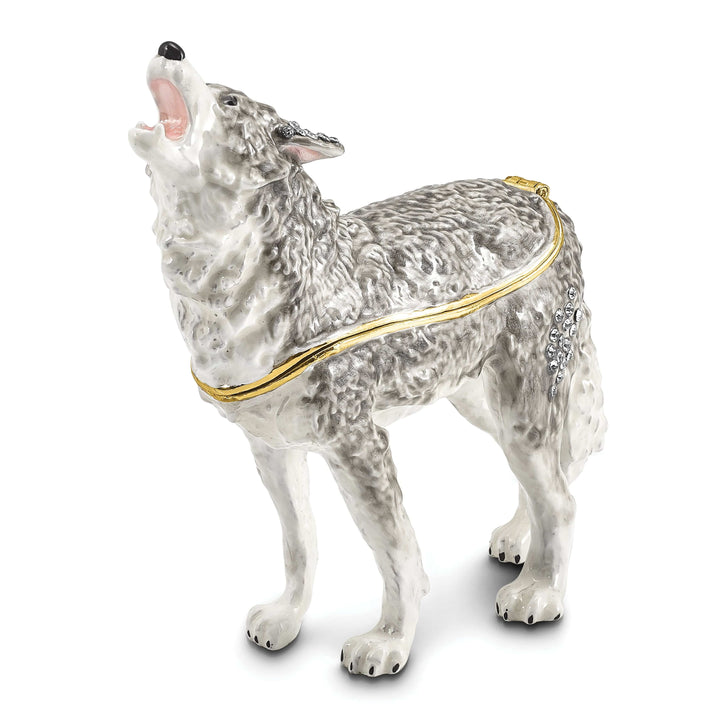 Luxury Giftware by Jere Pendants & Charms Bejeweled Pewter Multi Color Enamel Finish Howling Wolf Trinket Box
