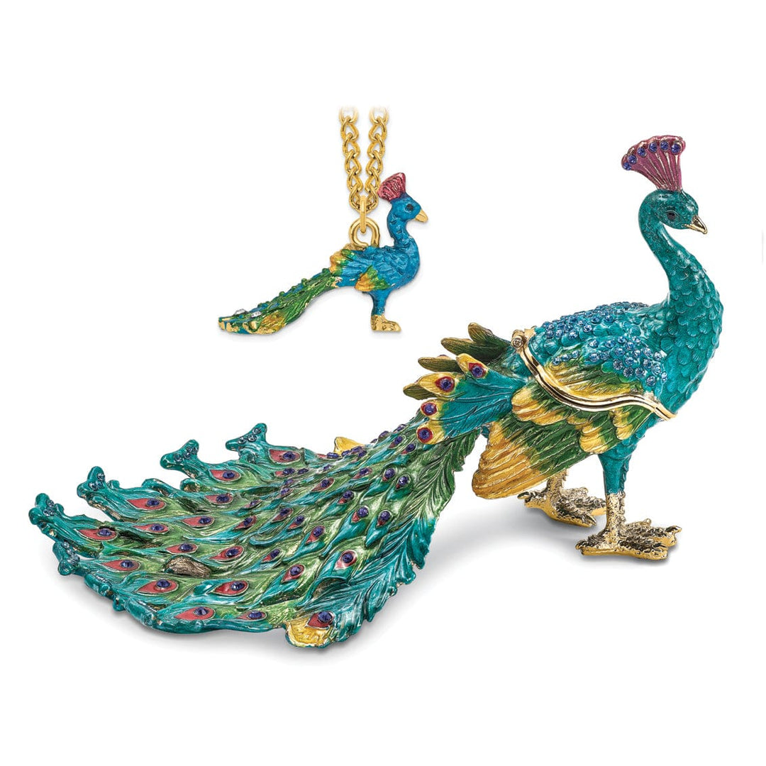 Luxury Giftware by Jere Pendants & Charms Bejeweled Pewter Multi Color Enamel TAYLOR Blue Peacock Trinket Box