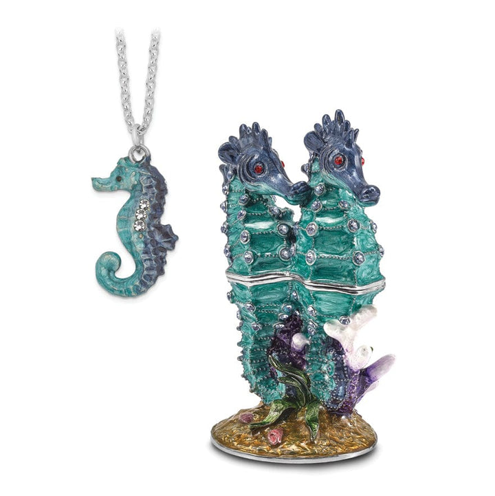 Luxury Giftware by Jere Pendants & Charms Bejeweled Pewter Multi Color Finish ECHO Twin Sea Horse Trinket Box