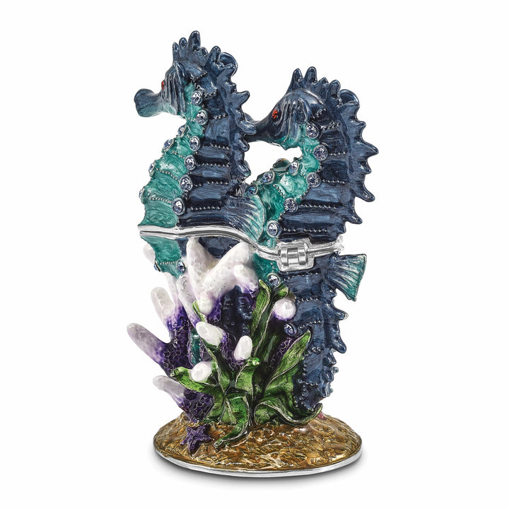 Luxury Giftware by Jere Pendants & Charms Bejeweled Pewter Multi Color Finish ECHO Twin Sea Horse Trinket Box