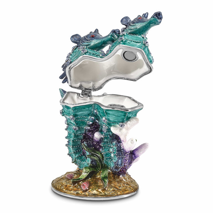 Luxury Giftware by Jere Pendants & Charms Bejeweled Pewter Multi Color Finish ECHO Twin Sea Horse Trinket Box