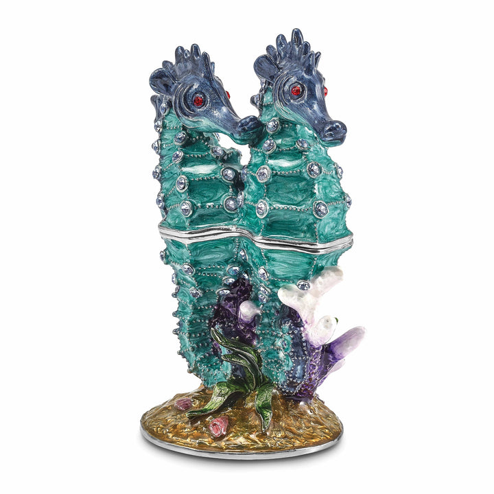 Luxury Giftware by Jere Pendants & Charms Bejeweled Pewter Multi Color Finish ECHO Twin Sea Horse Trinket Box