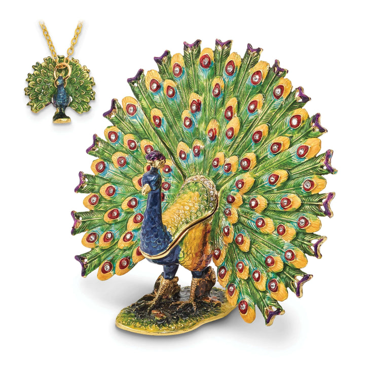 Luxury Giftware by Jere Pendants & Charms Bejeweled Pewter PROUD AS A PEACOCK Strutting Peacock Trinket Box