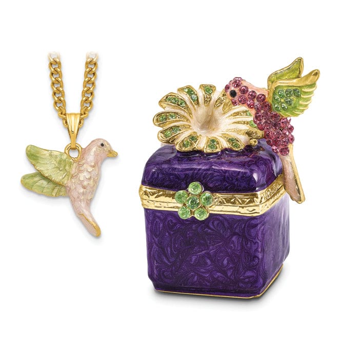 Luxury Giftware by Jere Pendants & Charms Bejeweled Pewter Purple Box/Flower/Hummingbird Trinket Box Design