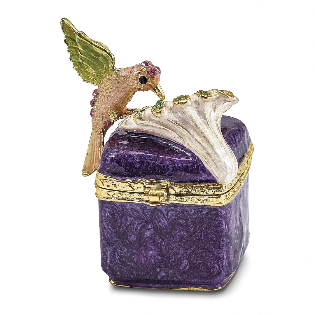 Luxury Giftware by Jere Pendants & Charms Bejeweled Pewter Purple Box/Flower/Hummingbird Trinket Box Design