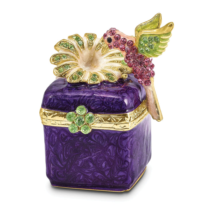 Luxury Giftware by Jere Pendants & Charms Bejeweled Pewter Purple Box/Flower/Hummingbird Trinket Box Design