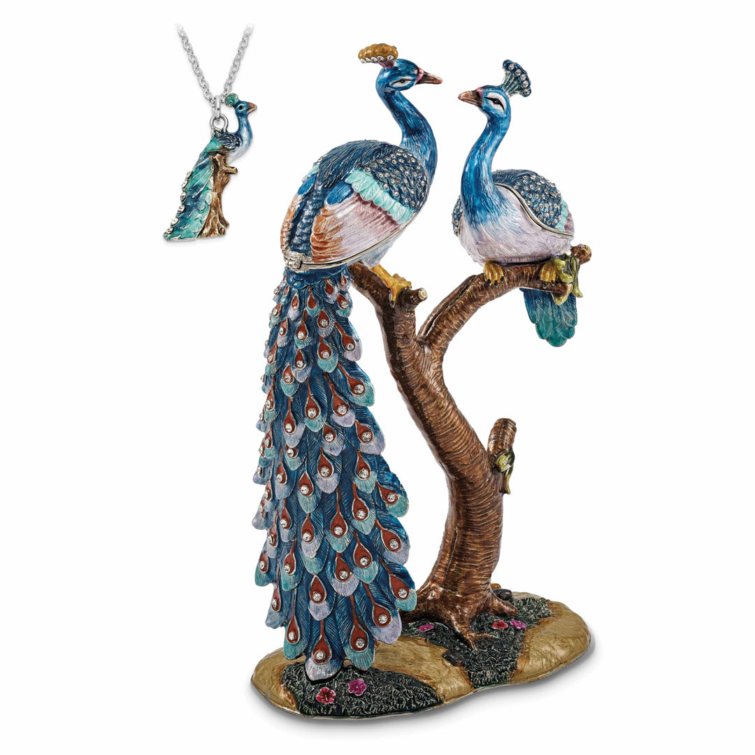 Luxury Giftware by Jere Pendants & Charms Bejeweled Pewter ROMEO JULIET Peacock Peahen Lovers Trinket Box