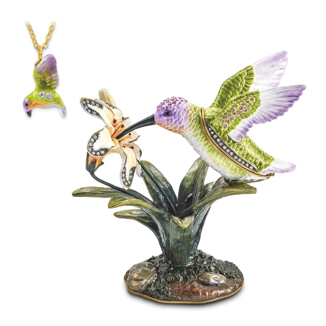 Luxury Giftware by Jere Pendants & Charms Bejeweled Pewter VIOLA Hummingbird & Daylily Trinket Box Design