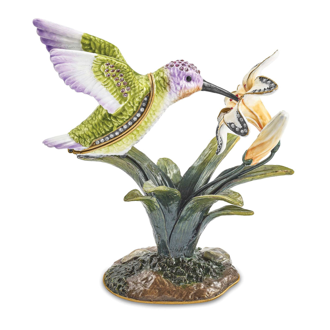 Luxury Giftware by Jere Pendants & Charms Bejeweled Pewter VIOLA Hummingbird & Daylily Trinket Box Design