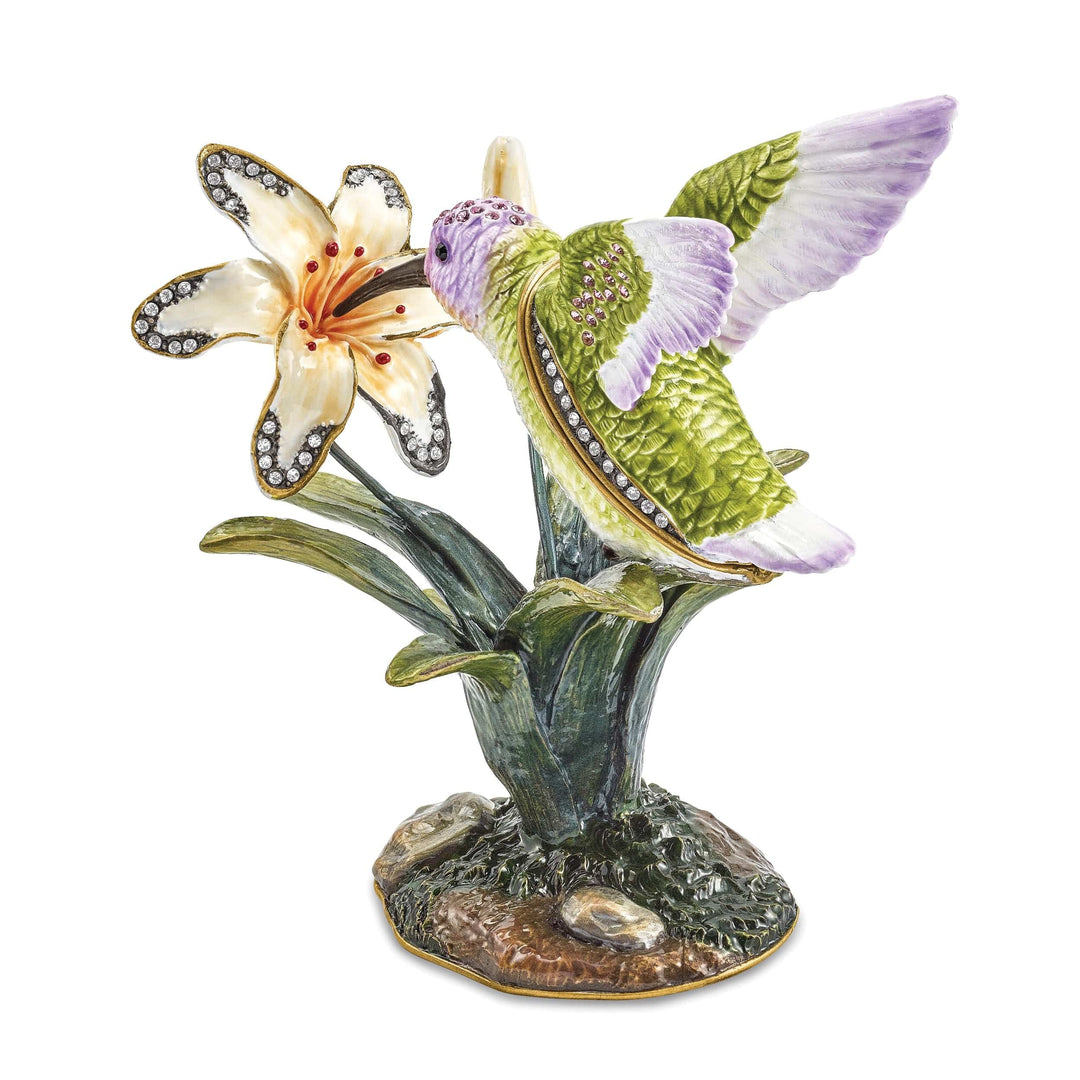 Luxury Giftware by Jere Pendants & Charms Bejeweled Pewter VIOLA Hummingbird & Daylily Trinket Box Design