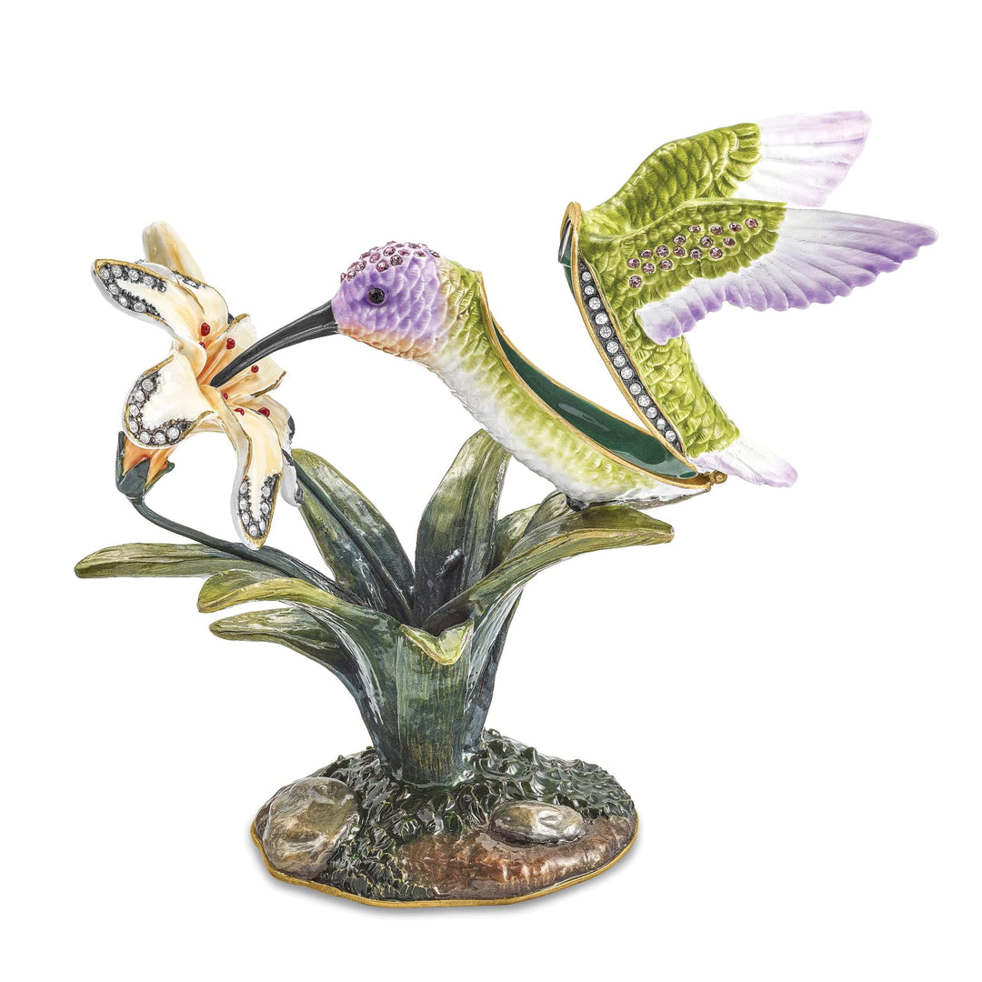 Luxury Giftware by Jere Pendants & Charms Bejeweled Pewter VIOLA Hummingbird & Daylily Trinket Box Design