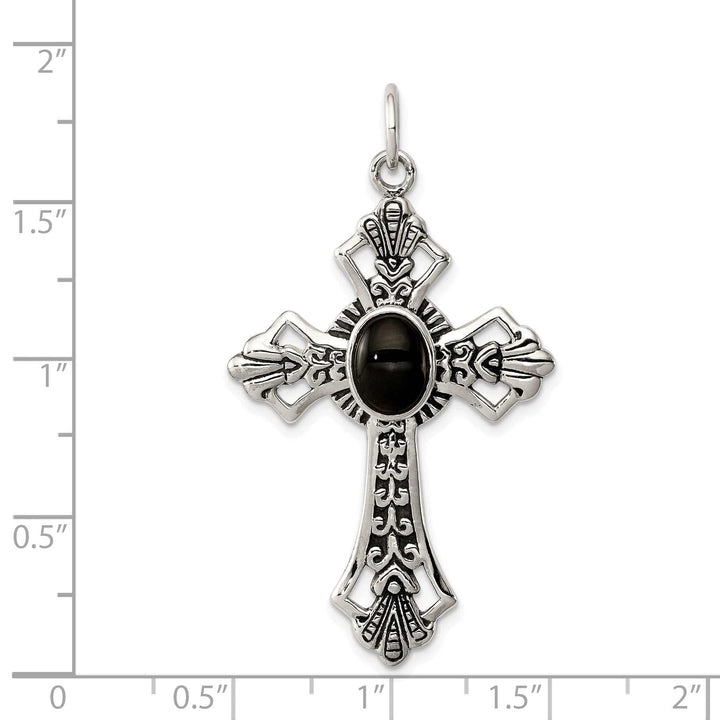 Lovely Rita's Pendants & Charms Silver Antique Polish Finish Onyx Cross Pendant