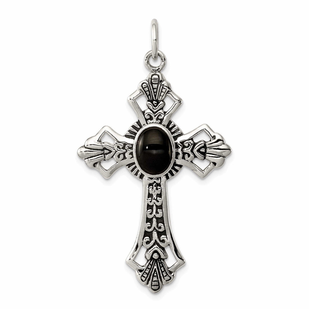Lovely Rita's Pendants & Charms Silver Antique Polish Finish Onyx Cross Pendant
