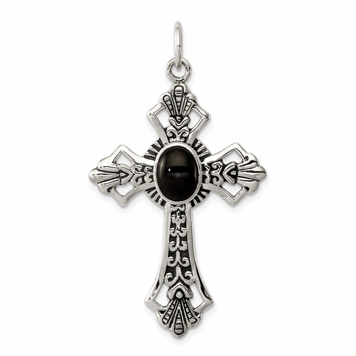 Lovely Rita's Pendants & Charms Silver Antique Polish Finish Onyx Cross Pendant