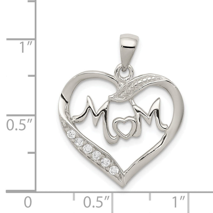 Lovely Rita's Pendants & Charms Silver Polished CZ Open Back Heart MOM Pendant