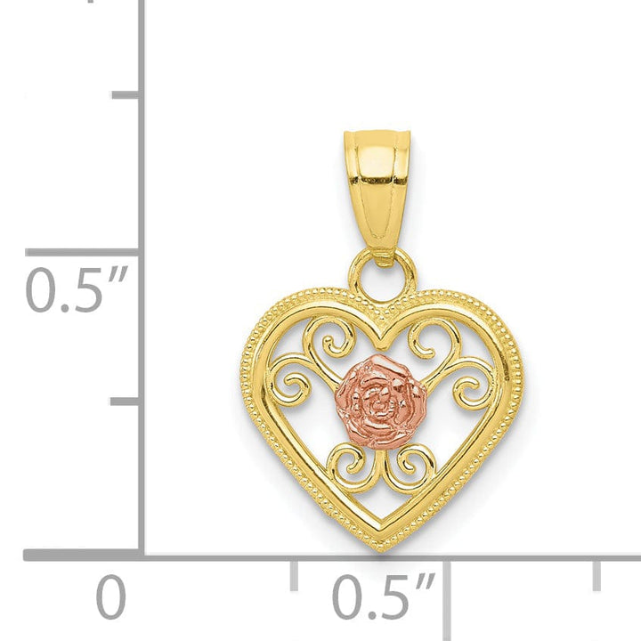 Lovely Rita's Pendants & Charms Solid 10K Two Tone Gold Heart with Rose Pendant