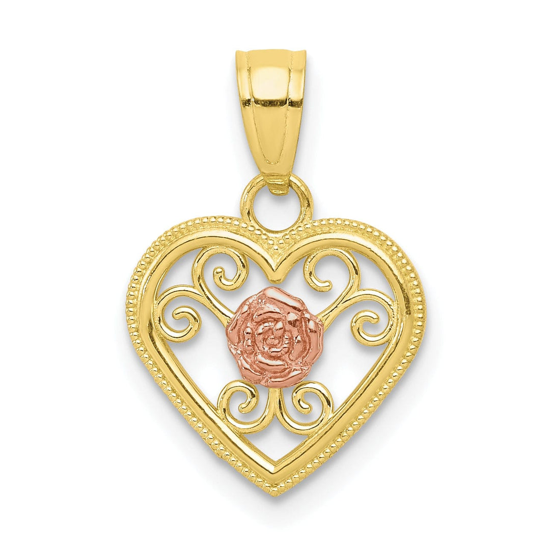 Lovely Rita's Pendants & Charms Solid 10K Two Tone Gold Heart with Rose Pendant