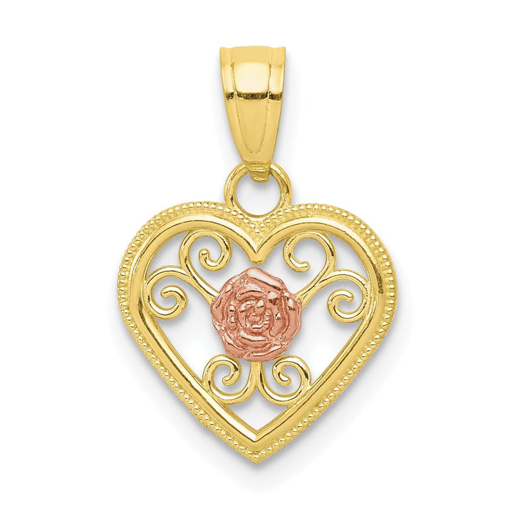 Lovely Rita's Pendants & Charms Solid 10K Two Tone Gold Heart with Rose Pendant