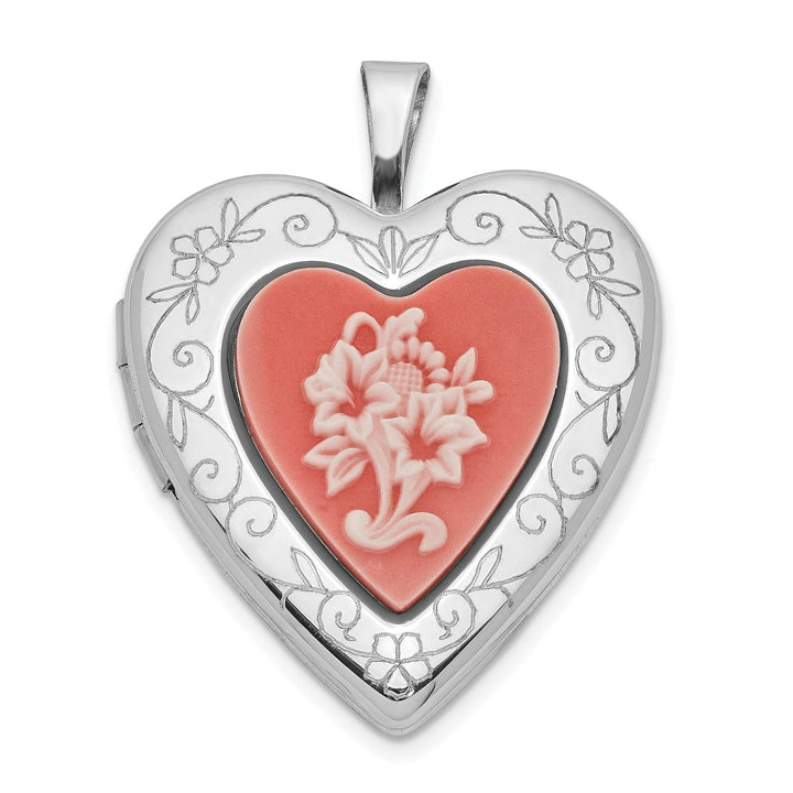 Lovely Rita's Pendants & Charms Sterling Silver 20mm Polished Pink Resin Cameo Flower Heart Locket