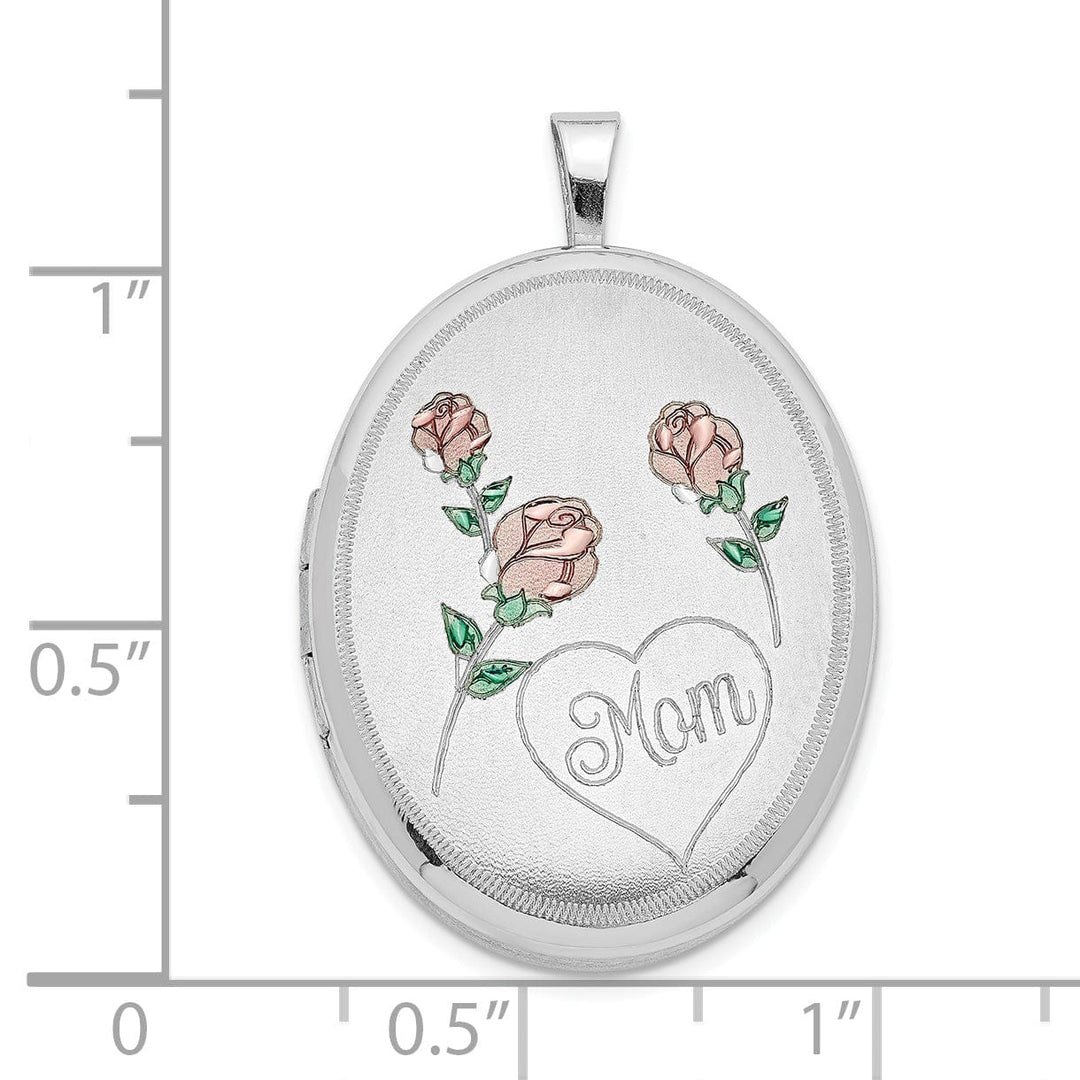 Lovely Rita's Pendants & Charms Sterling Silver RH 26mm Brushed/Polished Enameled Roses Mom Oval Locket