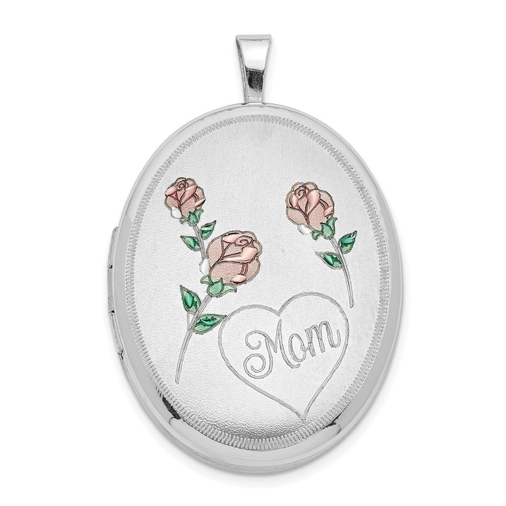 Lovely Rita's Pendants & Charms Sterling Silver RH 26mm Brushed/Polished Enameled Roses Mom Oval Locket