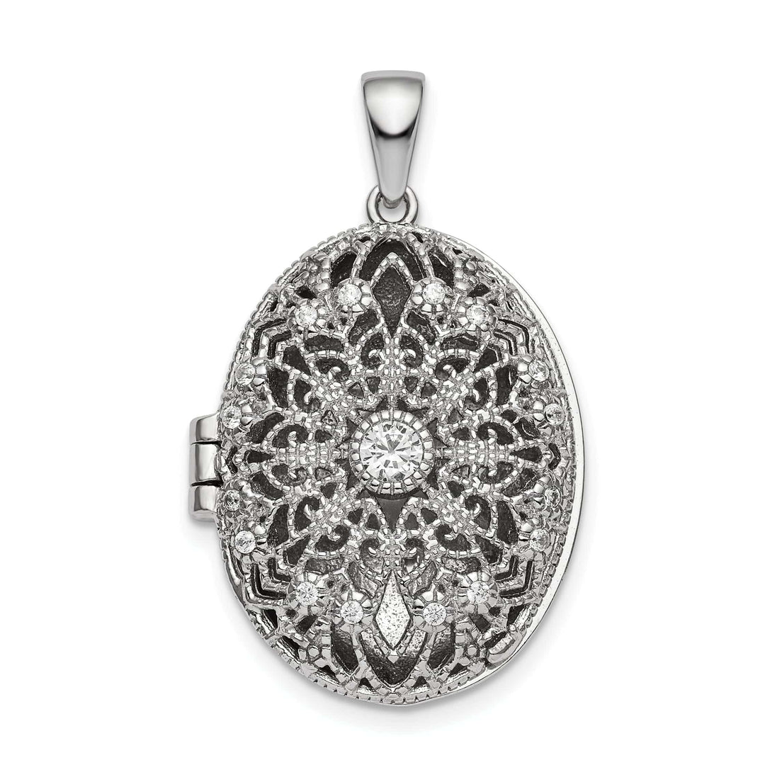 Lovely Rita's Pendants & Charms Sterling Silver Rhodium-plated CZ Oval Filigree Locket
